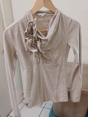 CAbi Light Taupe Ruffle Cowl Sweater